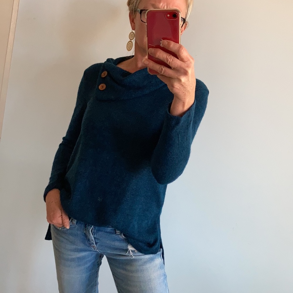 Blue Cowl, Button Neck Sweater - Picture 2 of 7